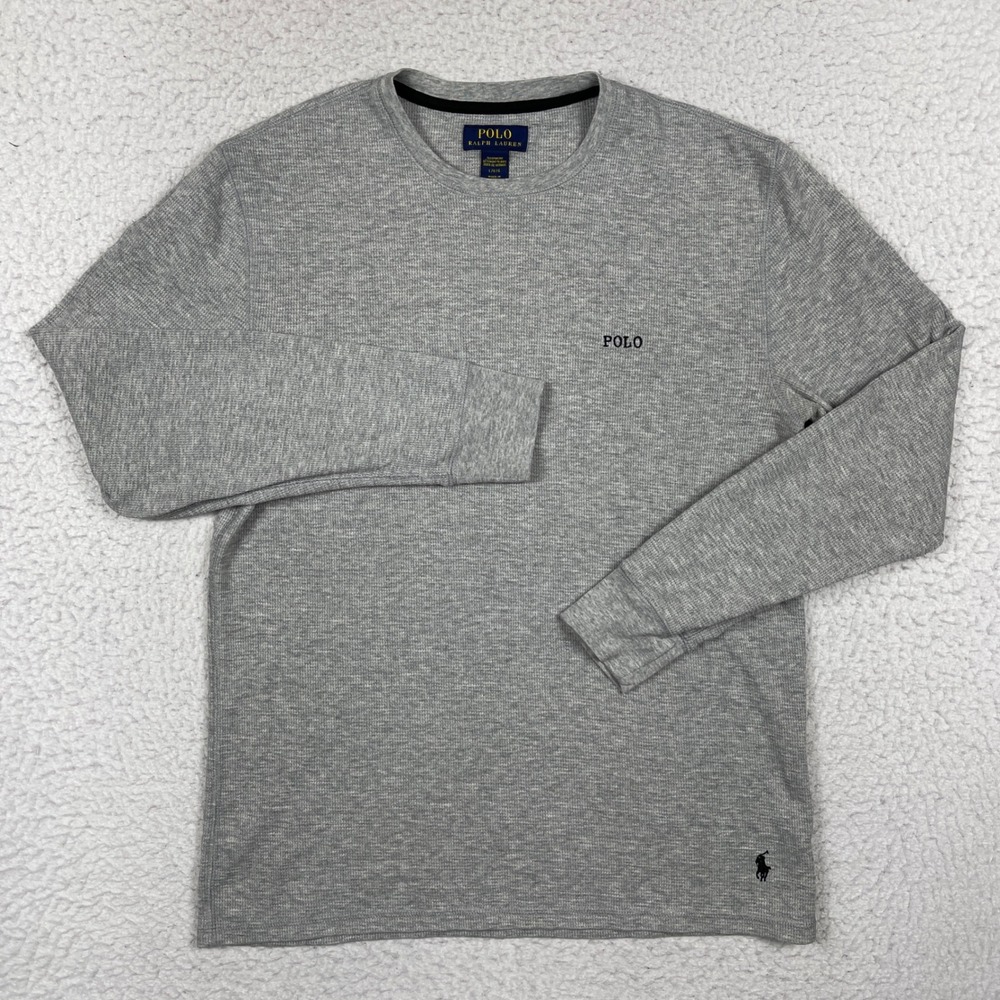 Polo Ralph Lauren Thermal Shirt Mens L Gray Waffle Knit Logo Sleepwear Basic